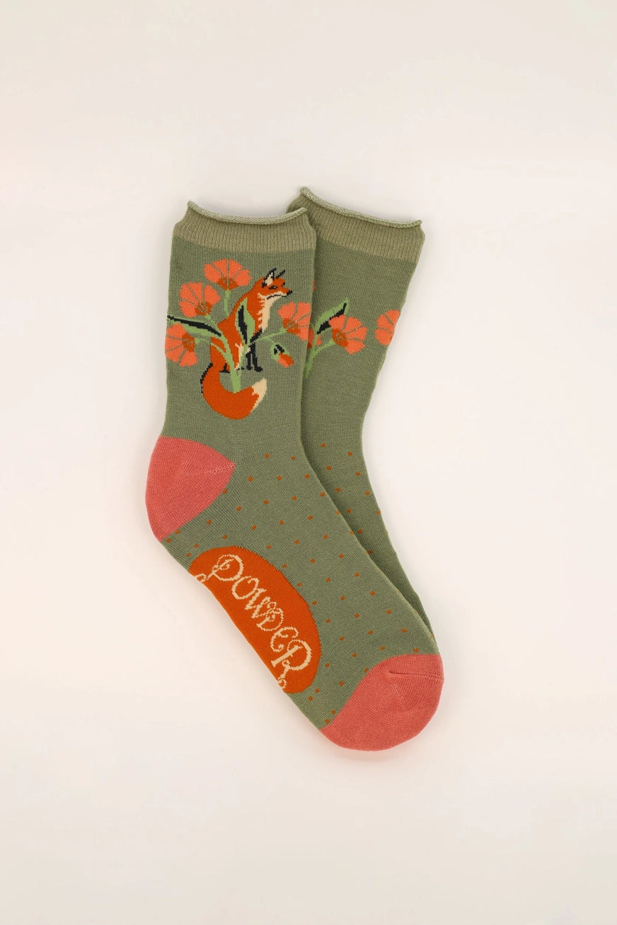Fox in A Meadow Ankle Socks - Sage