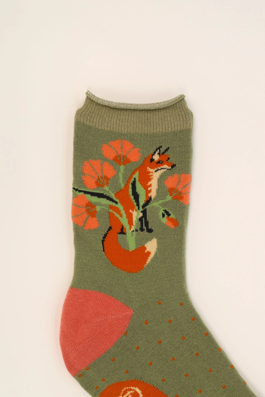 Fox in A Meadow Ankle Socks - Sage