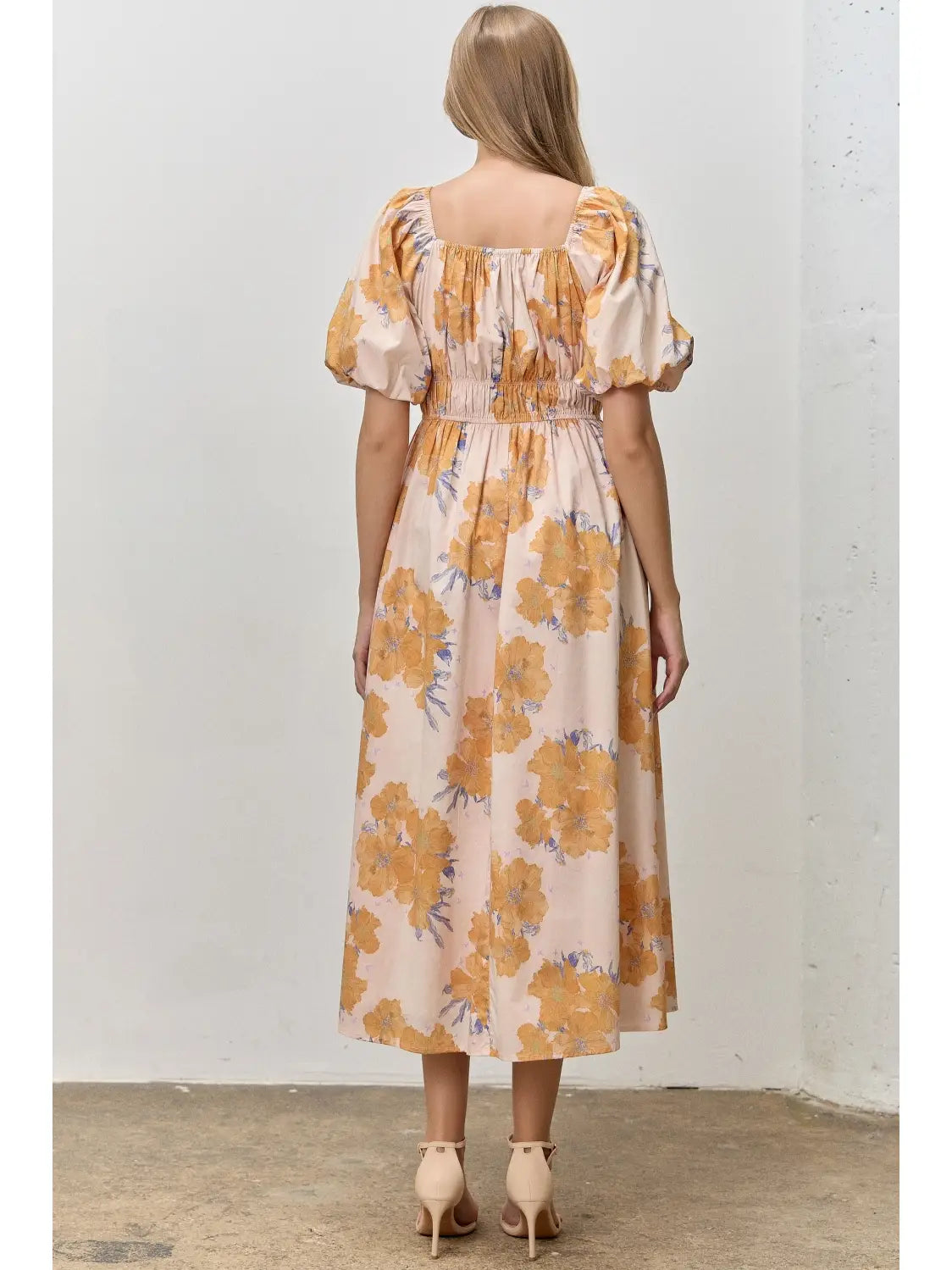 Floral Print Square Neck Bubble Sleeve Midi Dress