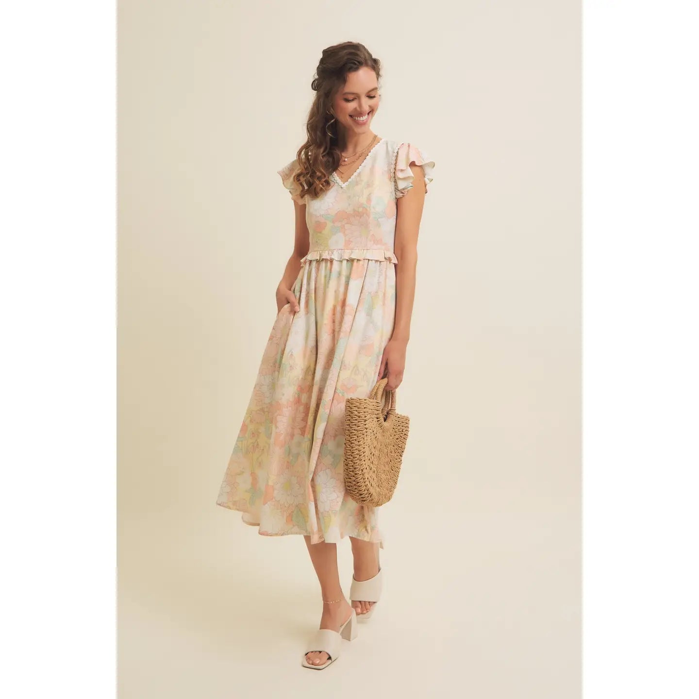Floral Linen Blend Flutter Sleeved Midi Dress