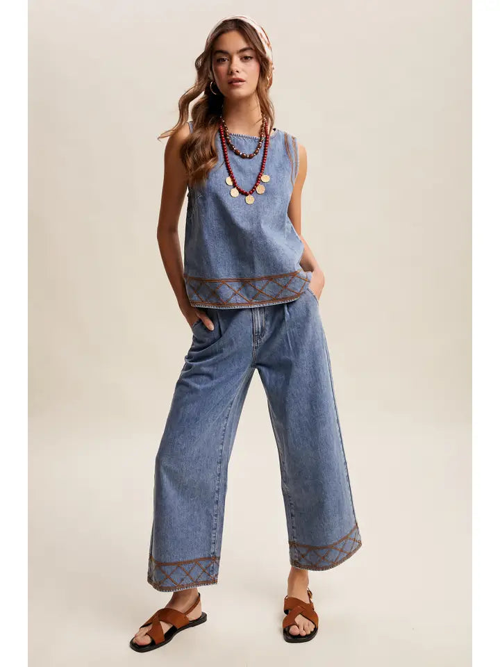 Denim Embroidered Tank & Pants Set