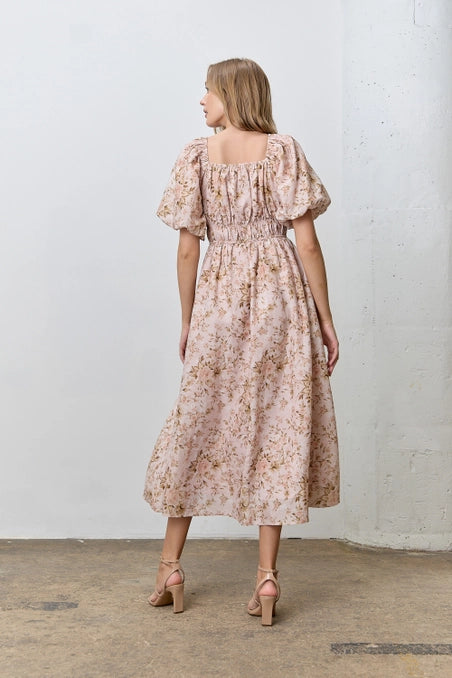 Romantic Floral Midi Dress Beige