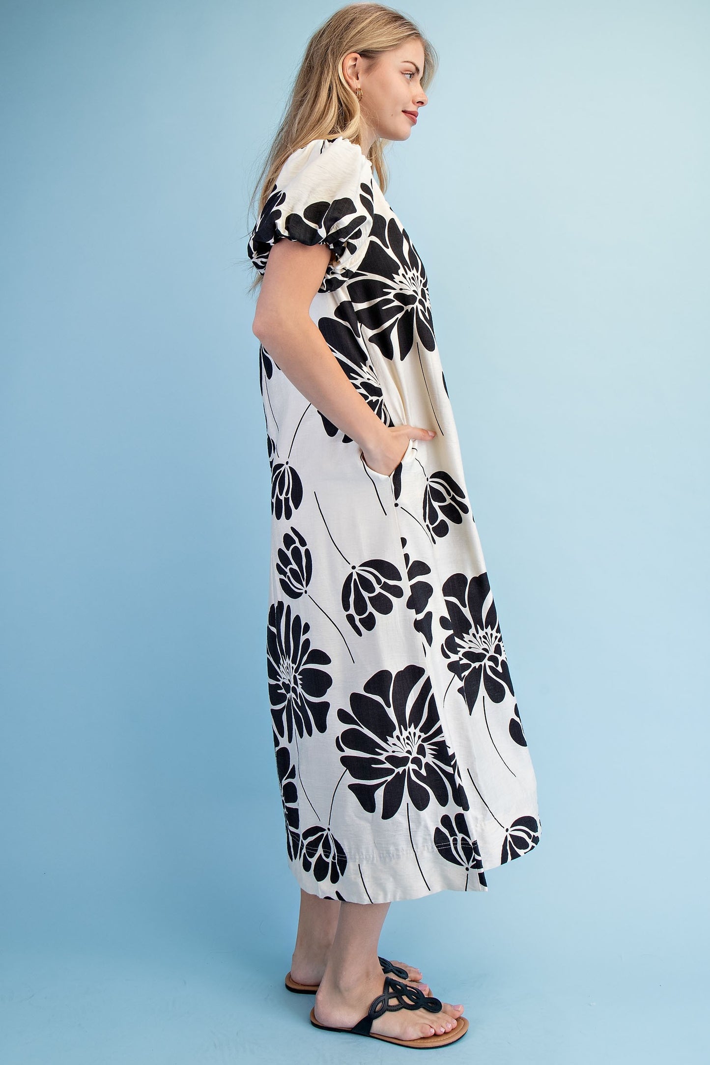 Floral Print V neck Button Down Midi Dress