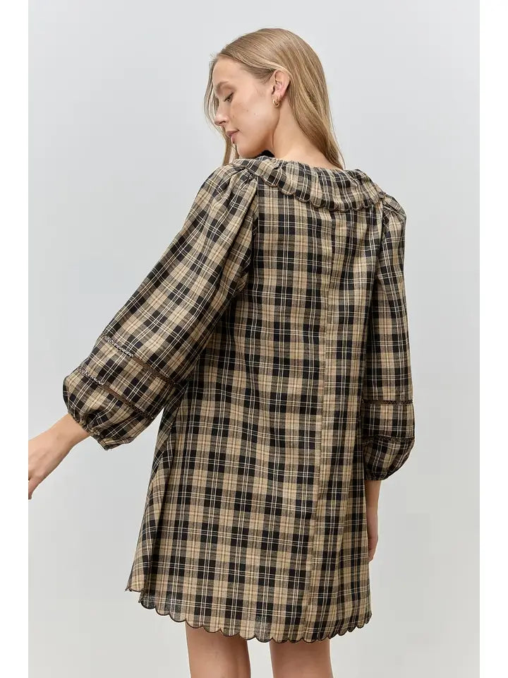 Plaid Ruffle Neck Mini Dress