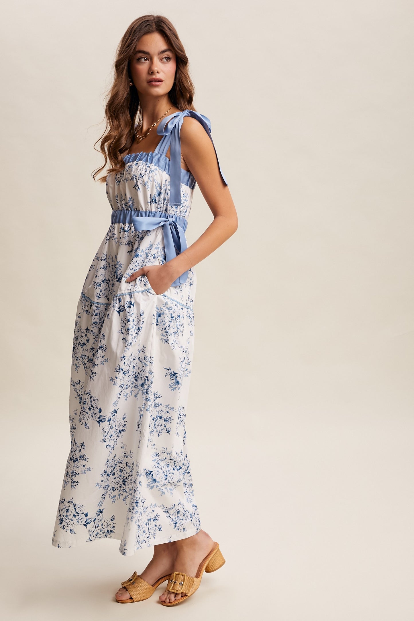 Toile Ribbon Strap Maxi Dress