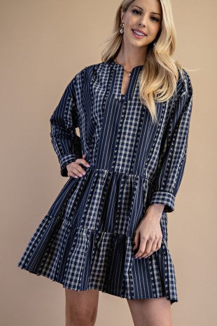 Check & Stripe Long Sleeve Dress
