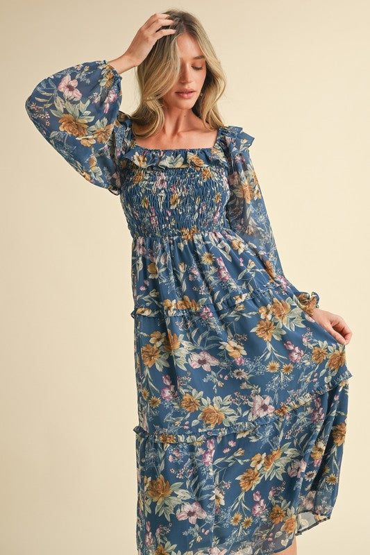 Floral Smocked Tiered Ruffle Midi Dress