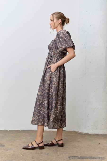 Romantic Floral Midi Dress Brown