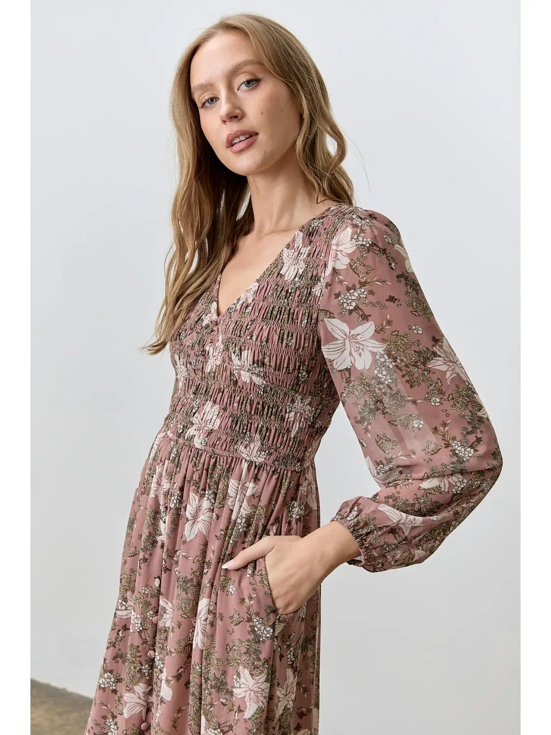 Mauve Floral Long Sleeve Dress