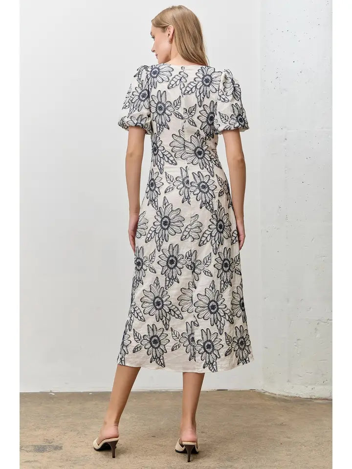 Flower Embroidered Bubble Sleeve Midi Dress
