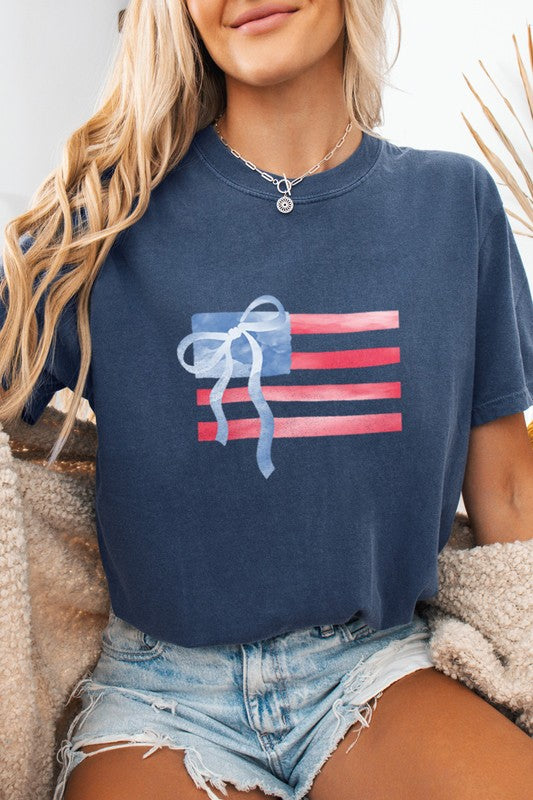 American Flag With Bow Comfort Colors Tee