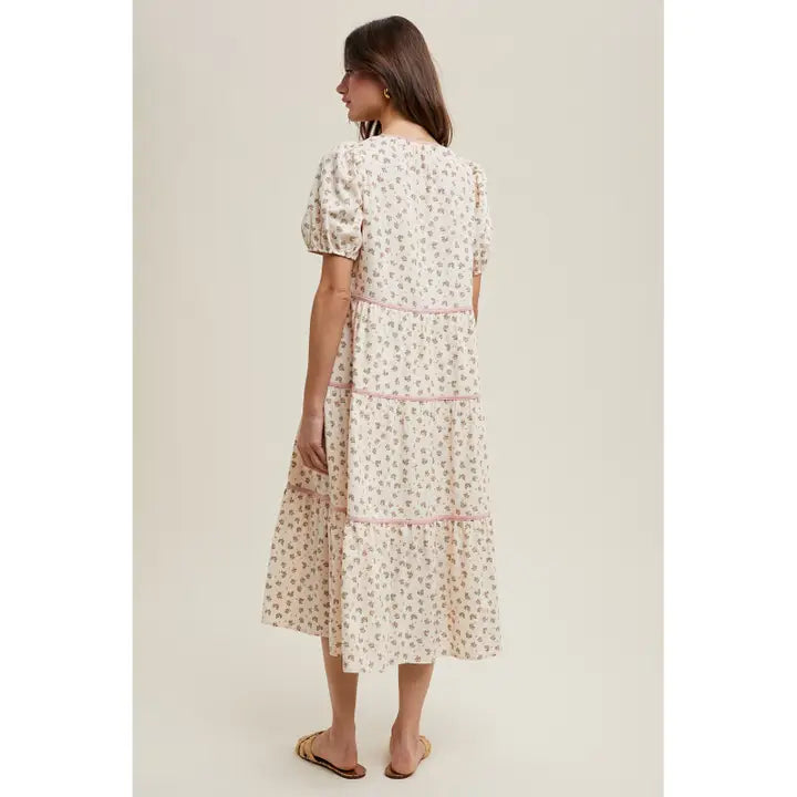Floral Tiered Piping Detail Midi Dress