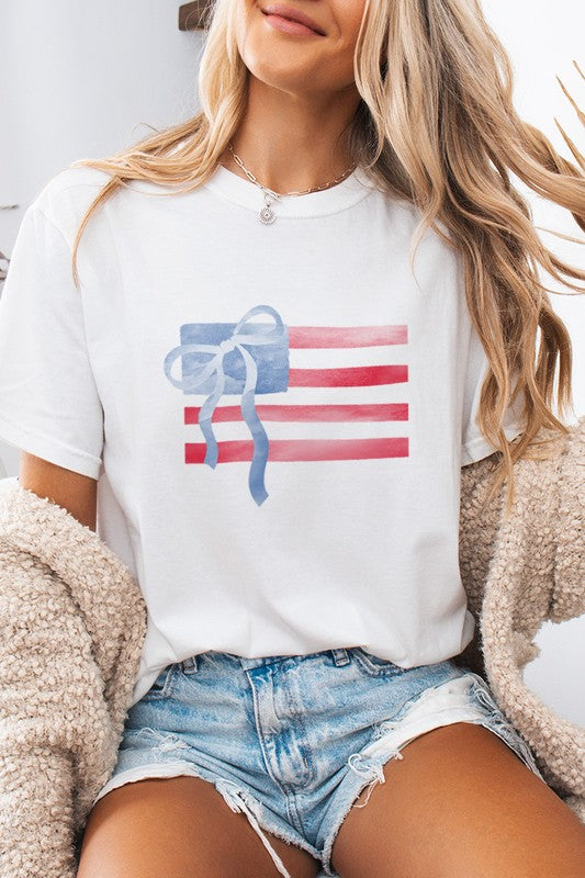 American Flag With Bow Comfort Colors Tee