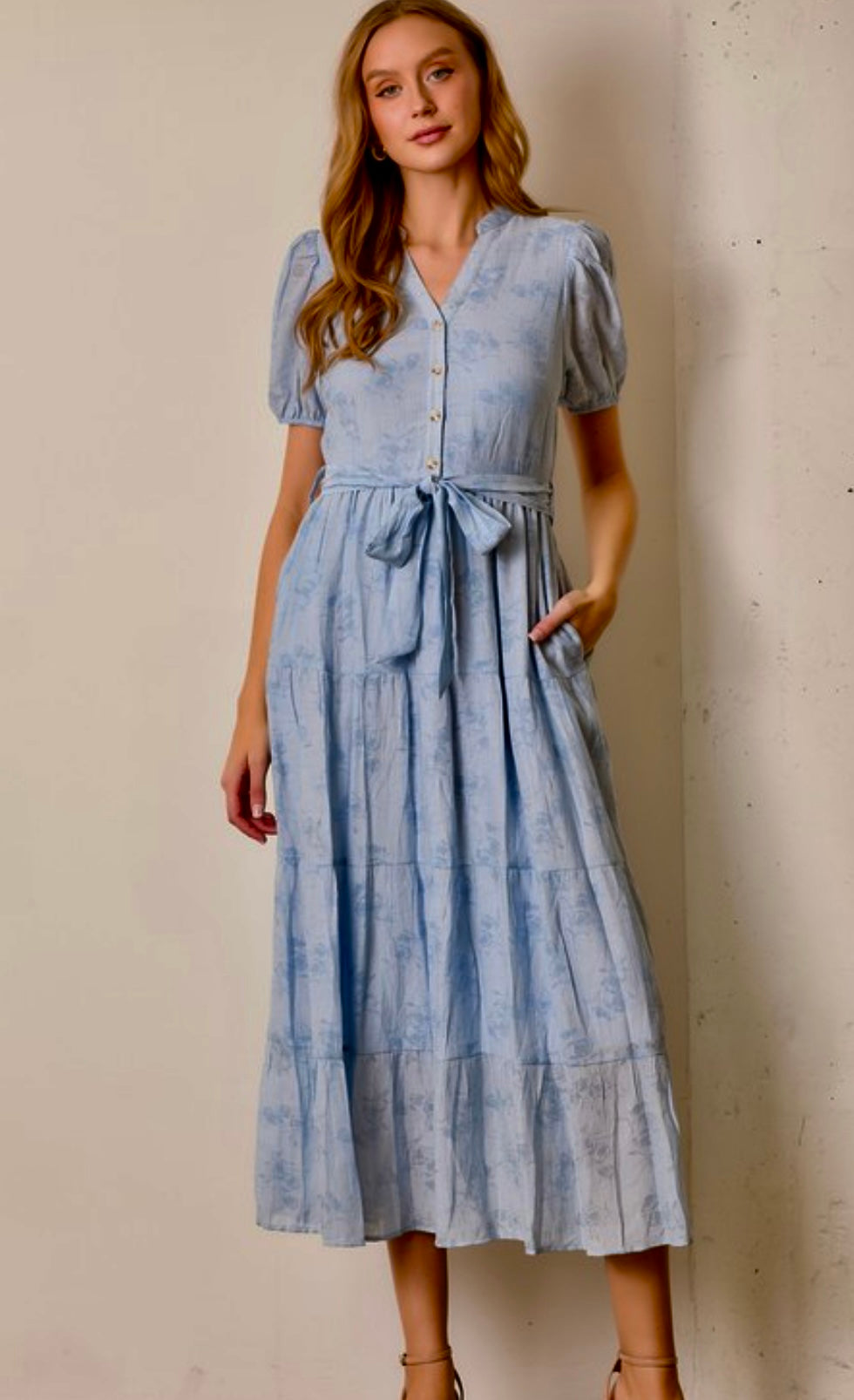 Button Front Tiered Midi Dress