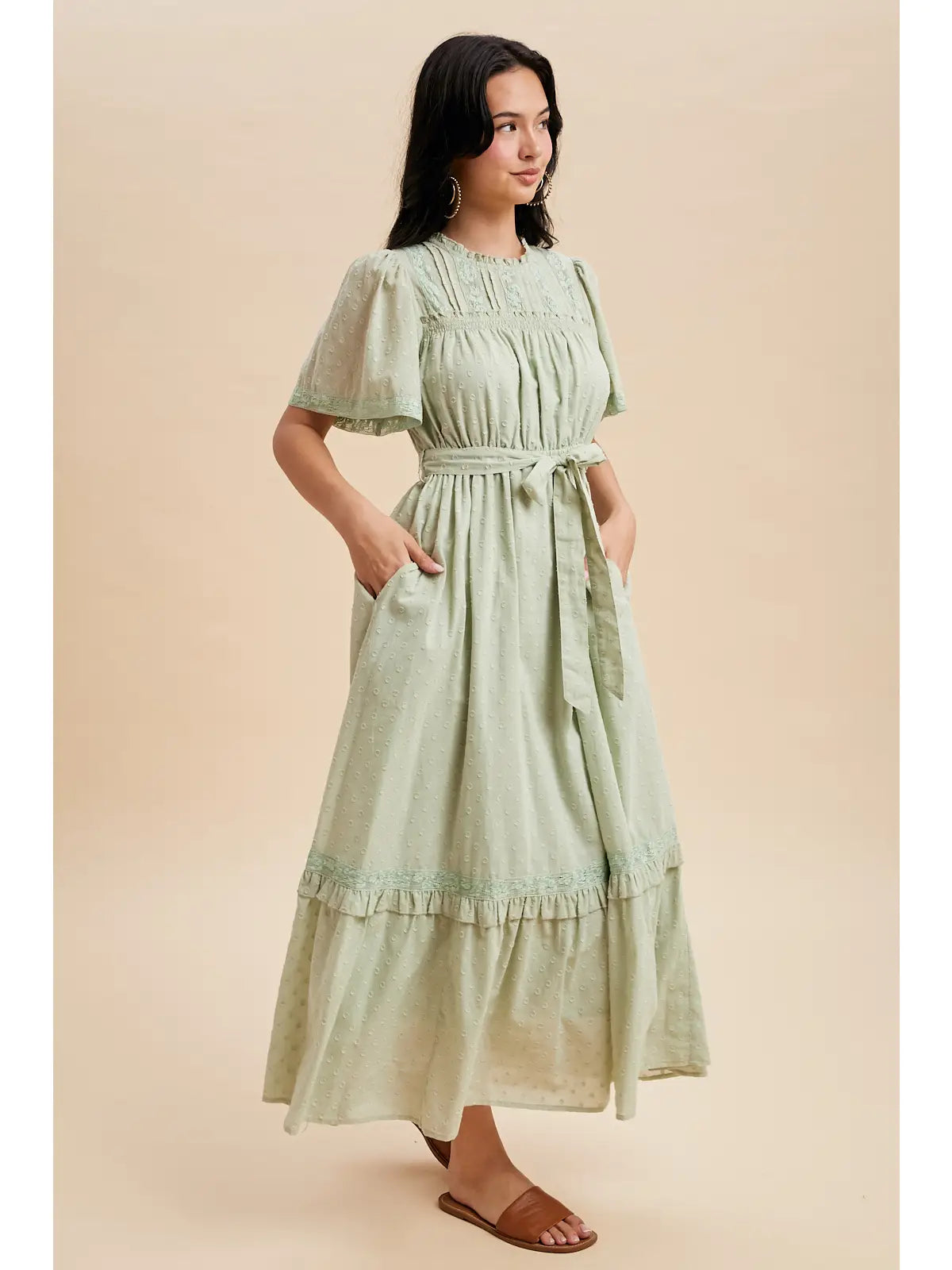 Swiss Dot Flutter Sleeve Maxi Dress