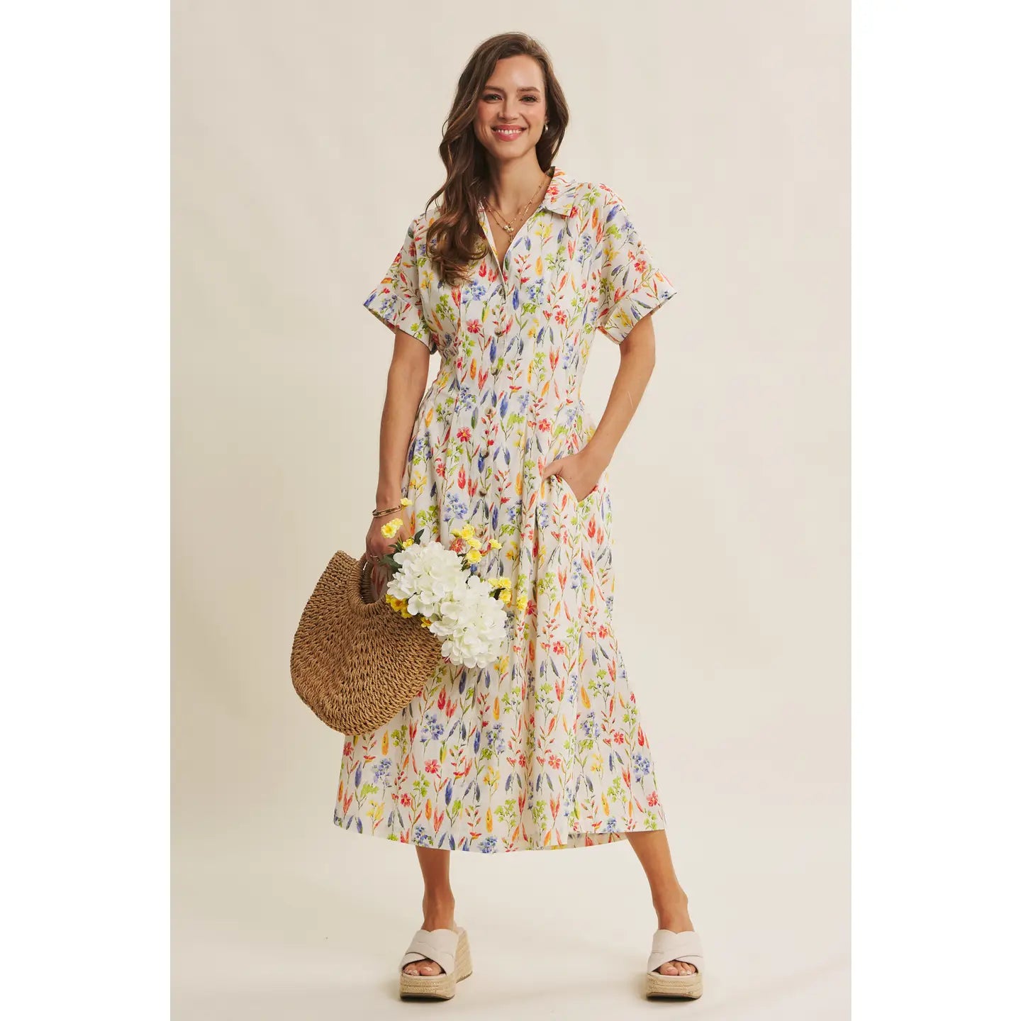 Romantic Floral Pleated Midi Dress