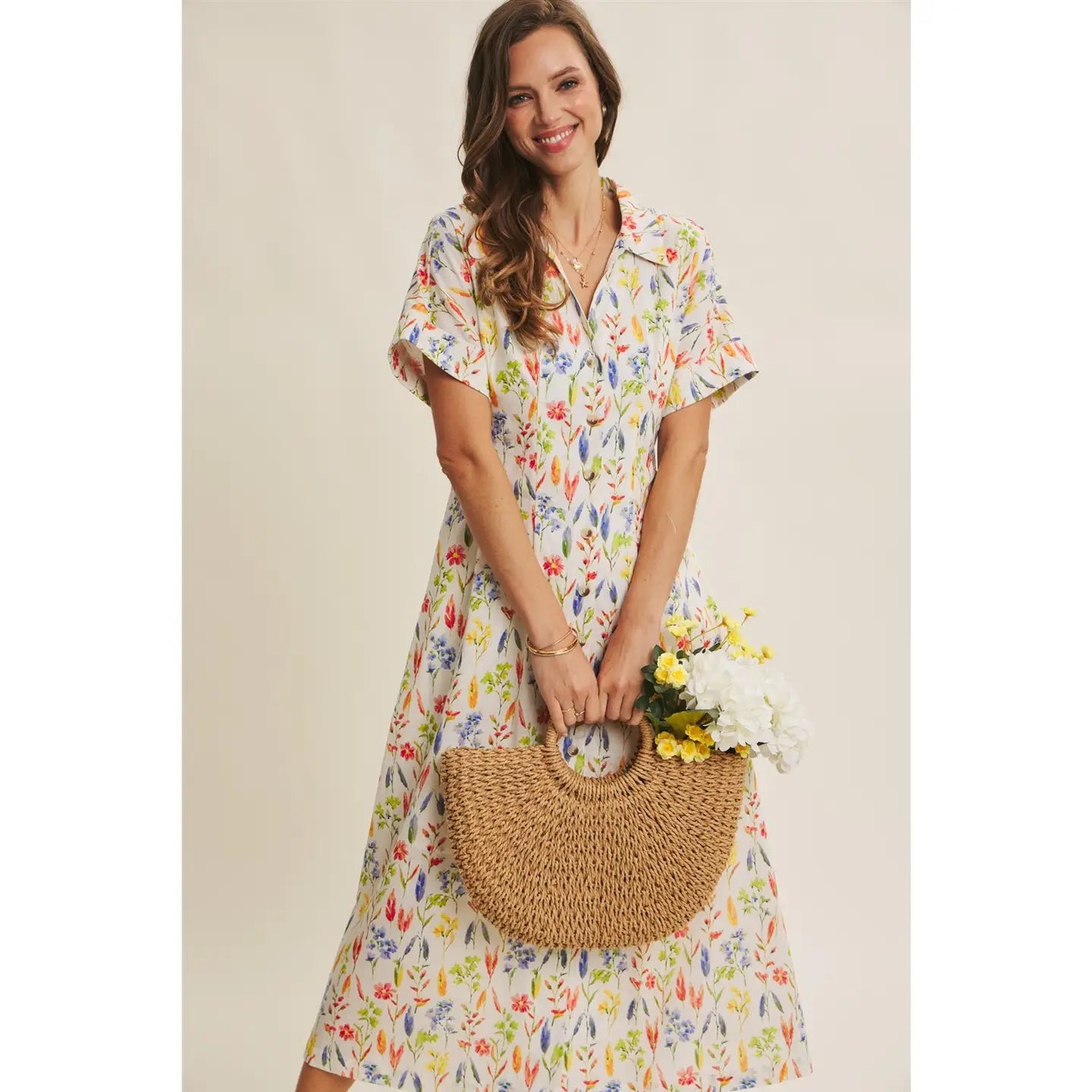 Romantic Floral Pleated Midi Dress