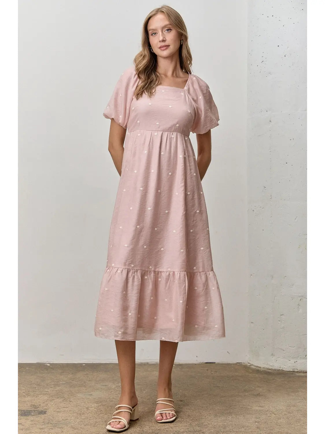 Embroidered Dot Short Bubble Sleeve Midi Dress