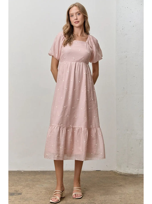 Embroidered Dot Short Bubble Sleeve Midi Dress