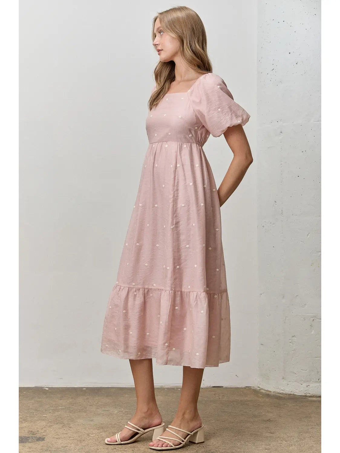 Embroidered Dot Short Bubble Sleeve Midi Dress