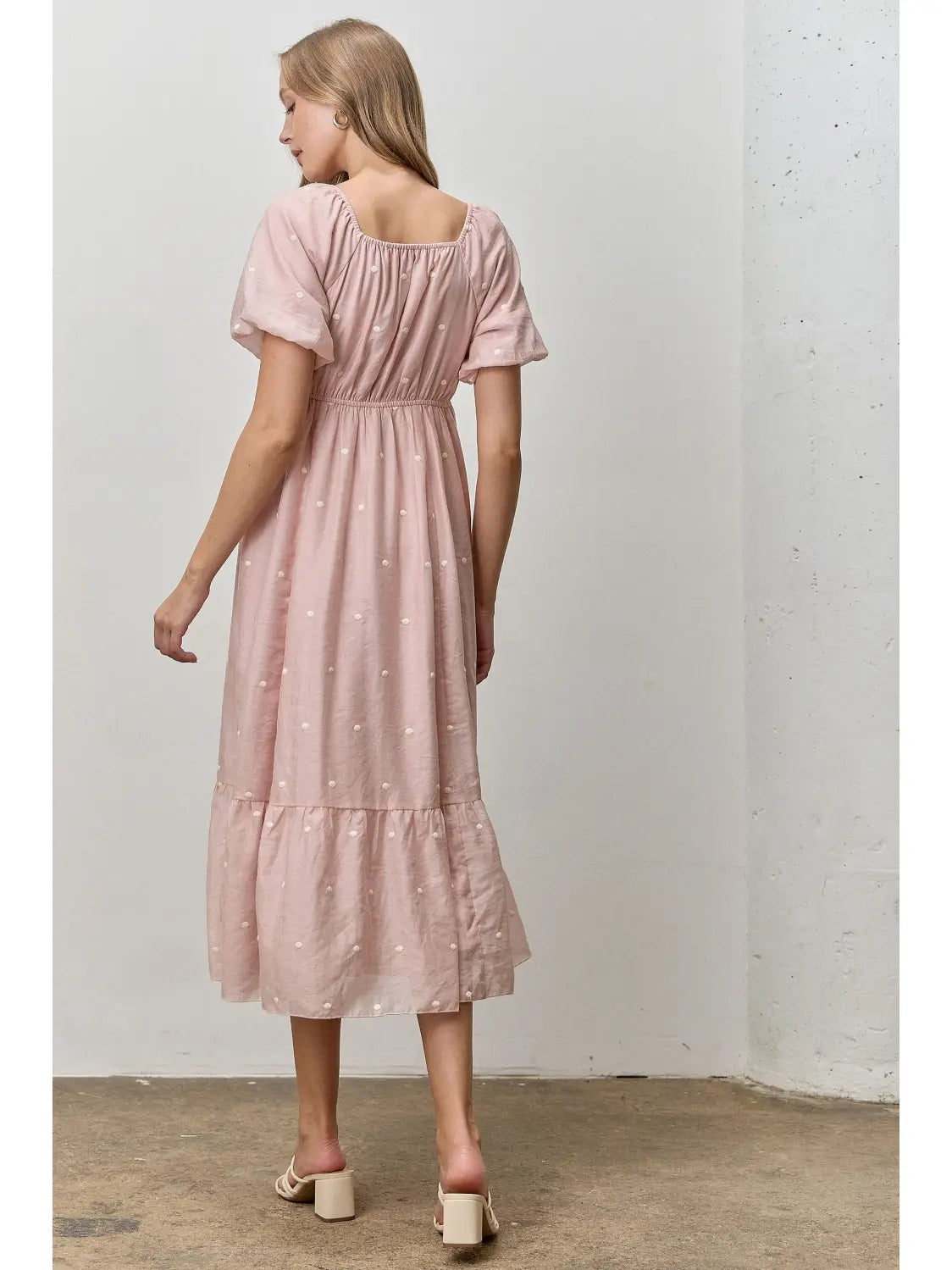 Embroidered Dot Short Bubble Sleeve Midi Dress