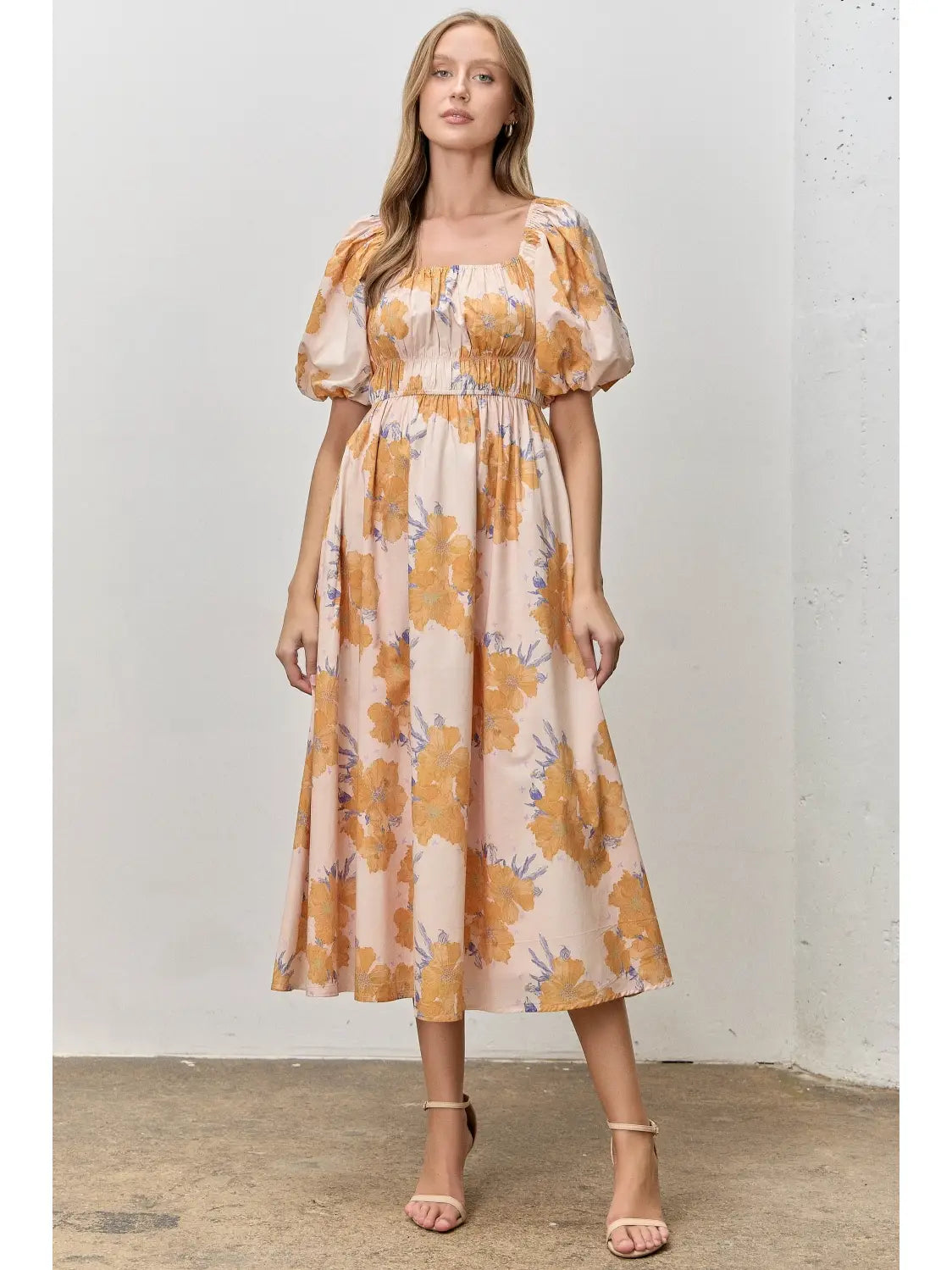 Floral Print Square Neck Bubble Sleeve Midi Dress
