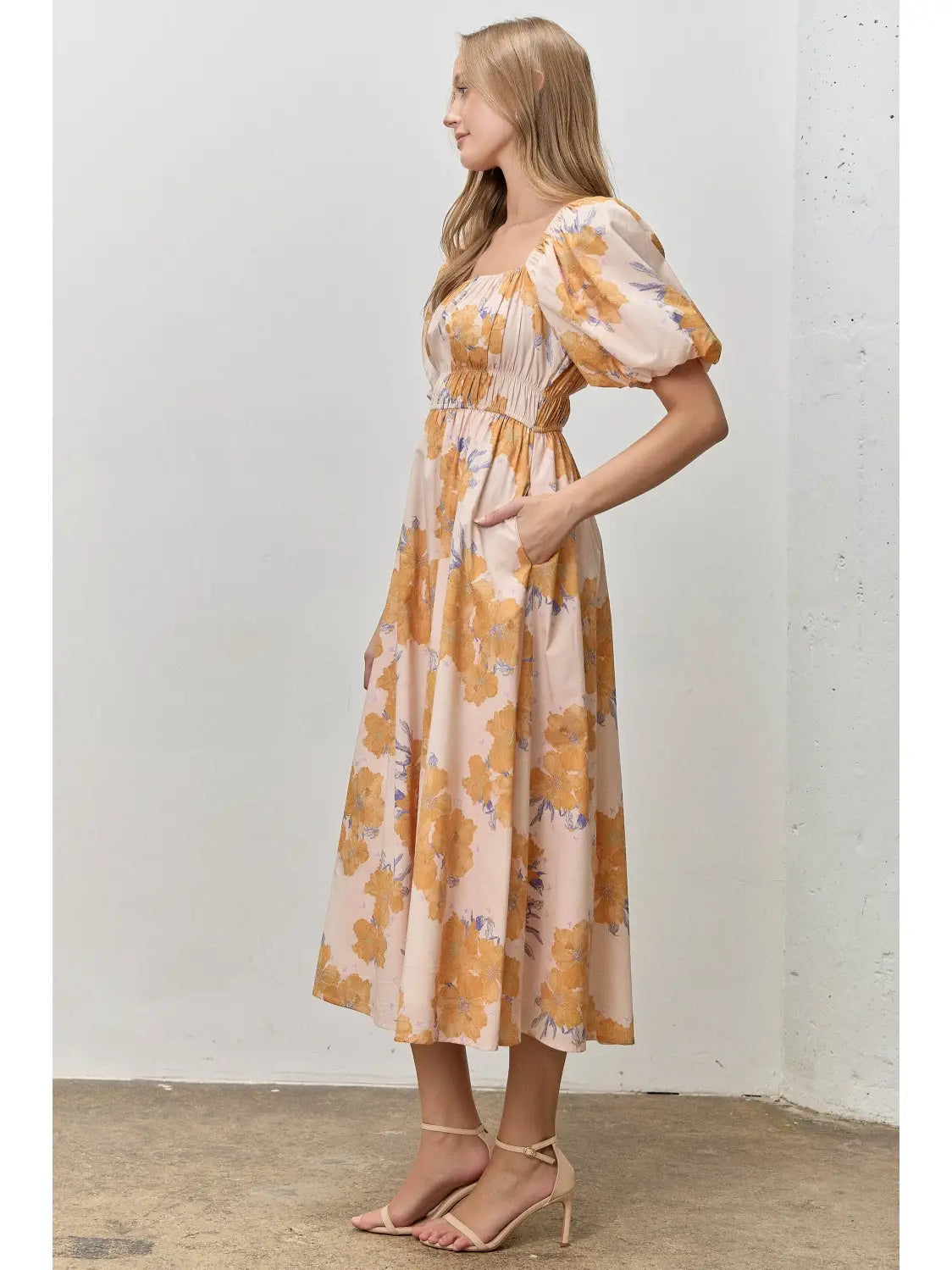 Floral Print Square Neck Bubble Sleeve Midi Dress