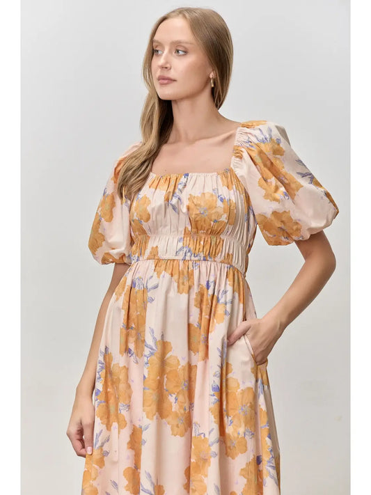 Floral Print Square Neck Bubble Sleeve Midi Dress