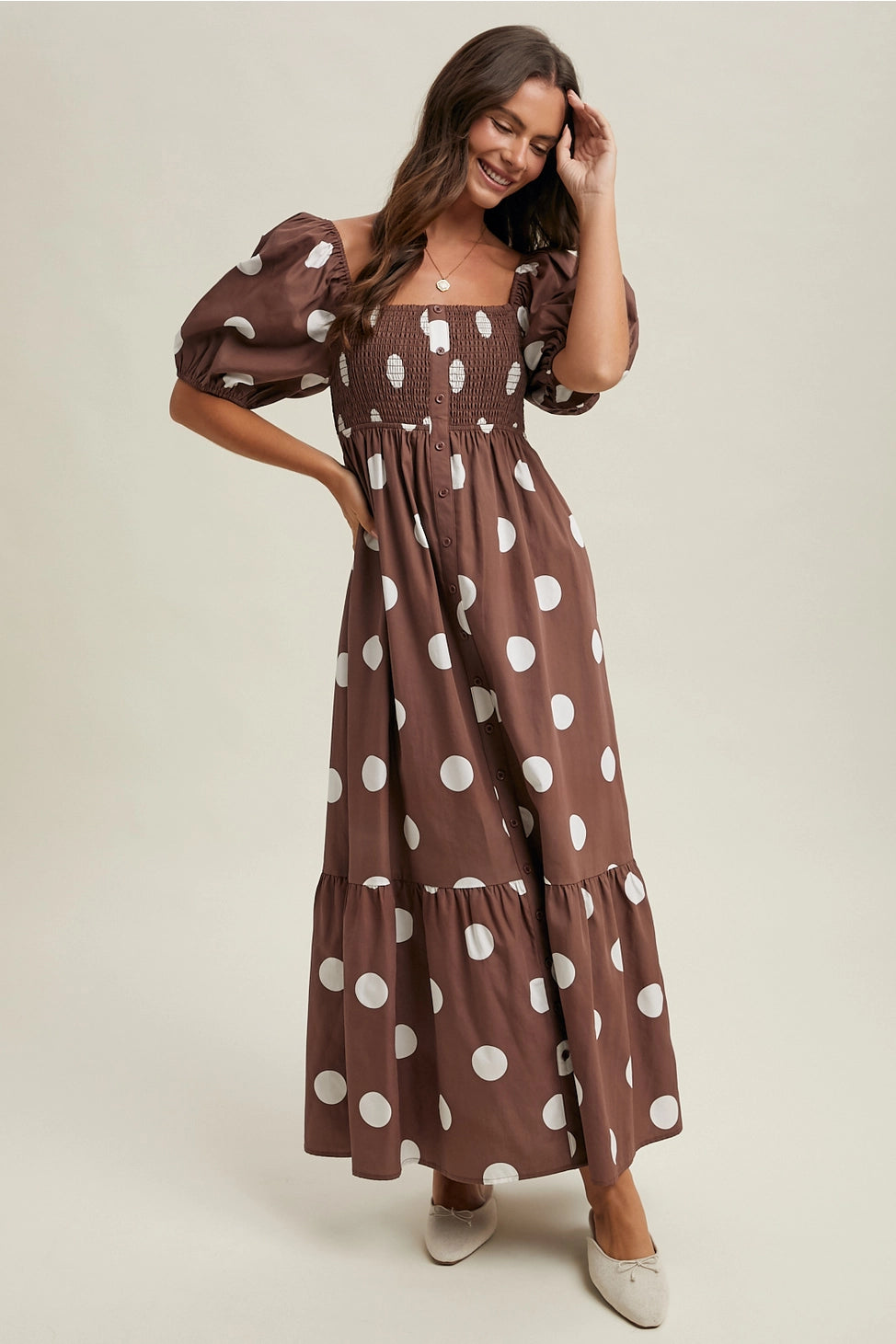 Polka Dot Puff Sleeve Maxi Dress