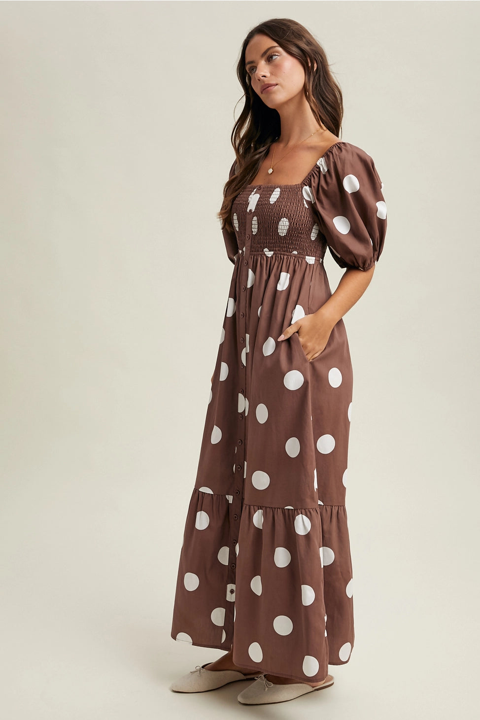 Polka Dot Puff Sleeve Maxi Dress