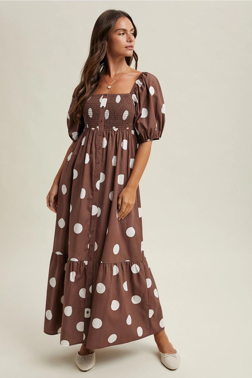 Polka Dot Puff Sleeve Maxi Dress