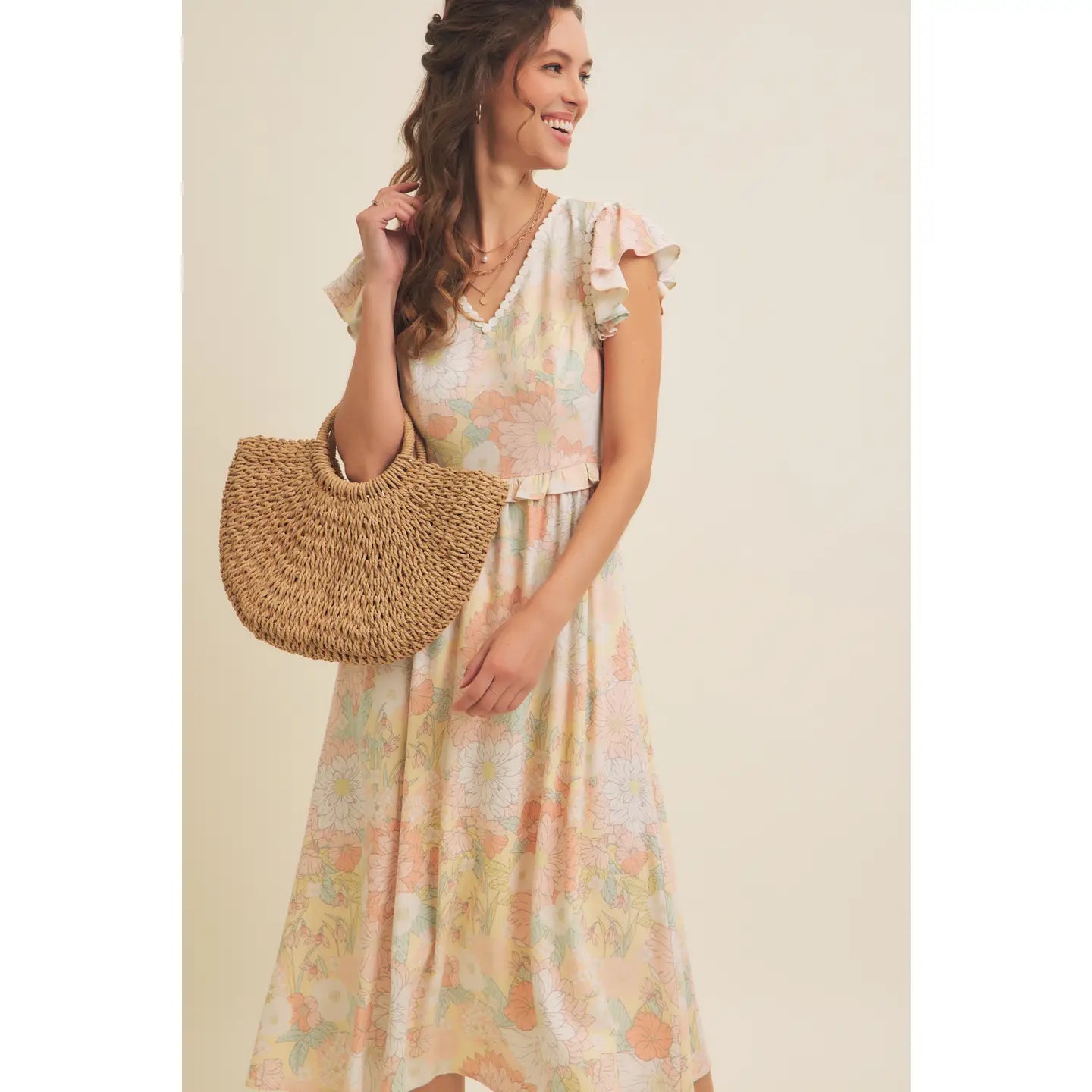 Floral Linen Blend Flutter Sleeved Midi Dress