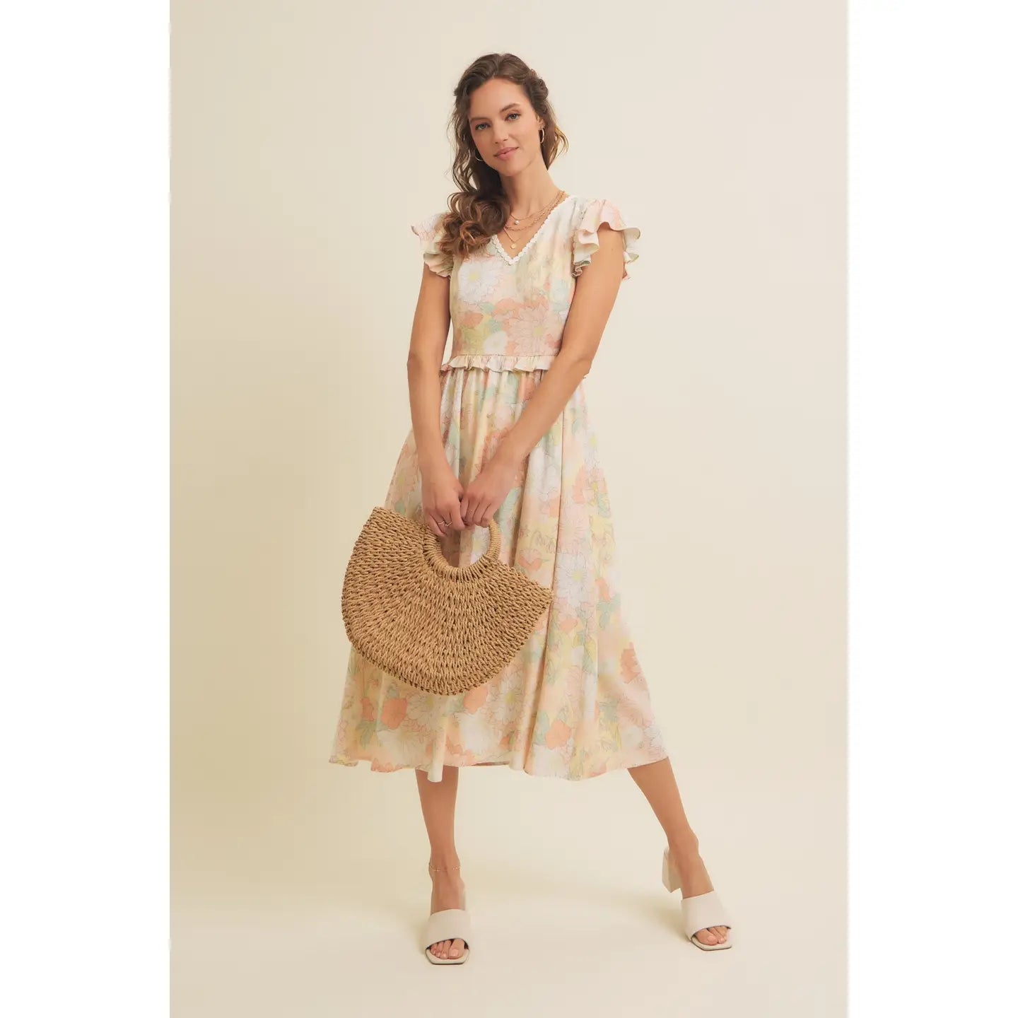 Floral Linen Blend Flutter Sleeved Midi Dress