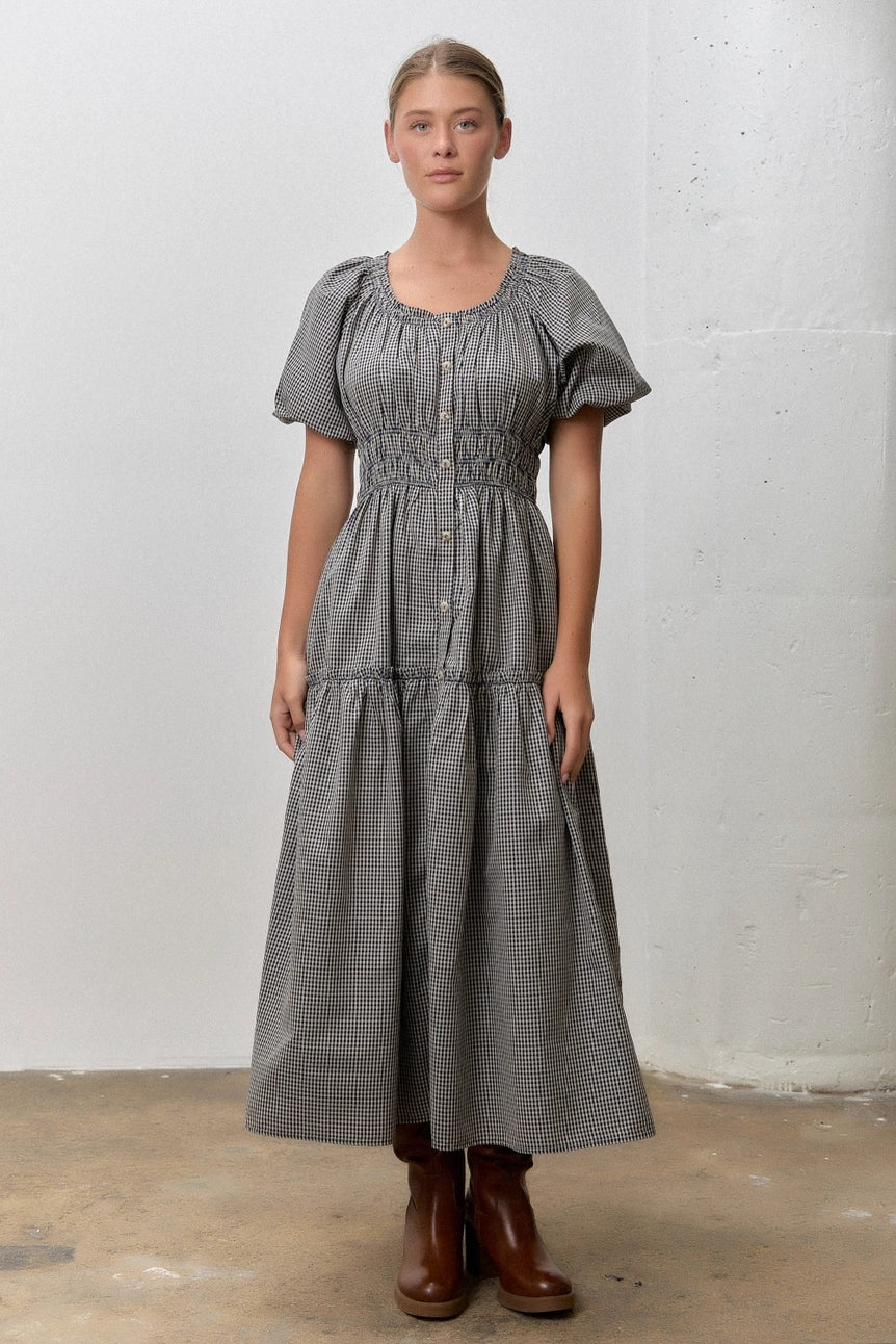 Check Button Down Puff Sleeve Dress