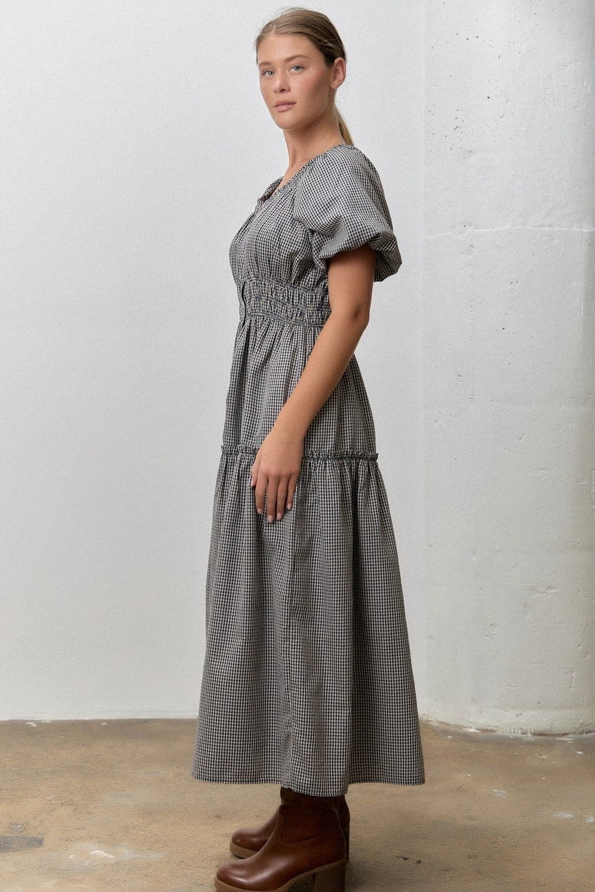 Check Button Down Puff Sleeve Dress