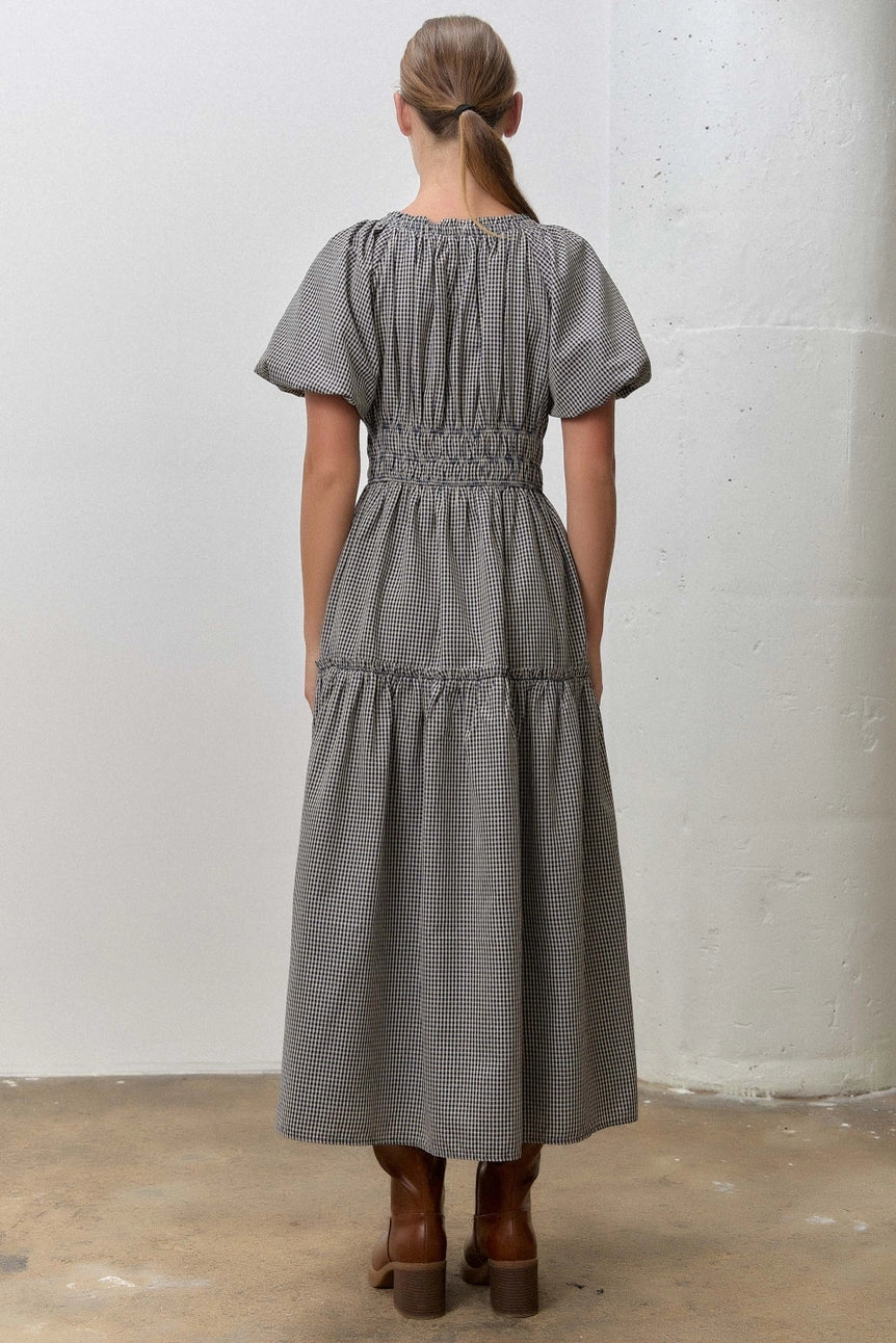 Check Button Down Puff Sleeve Dress