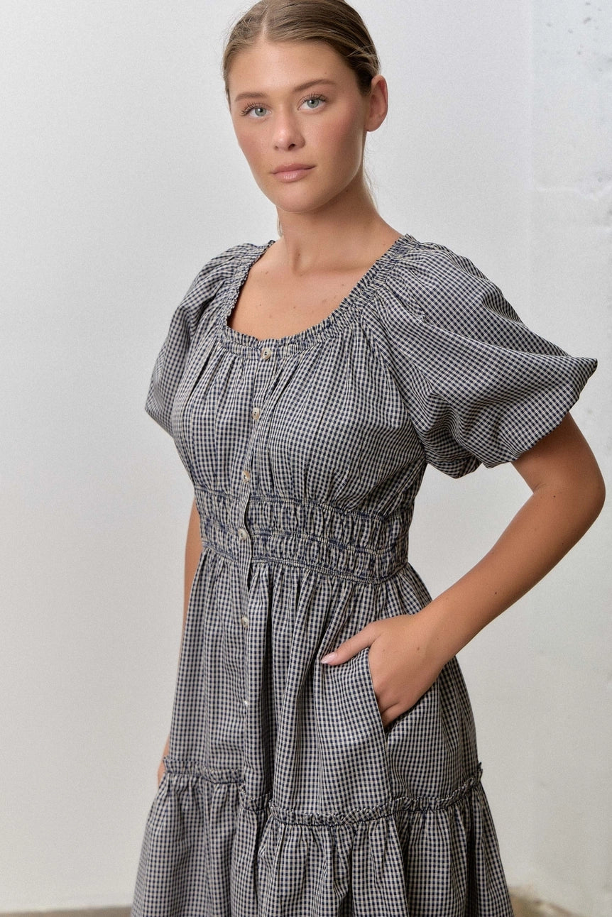 Check Button Down Puff Sleeve Dress