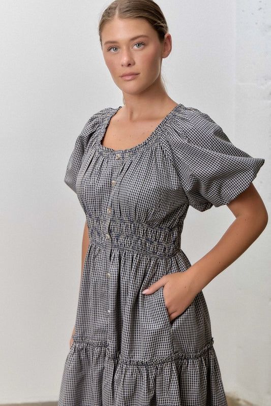 Check Button Down Puff Sleeve Dress