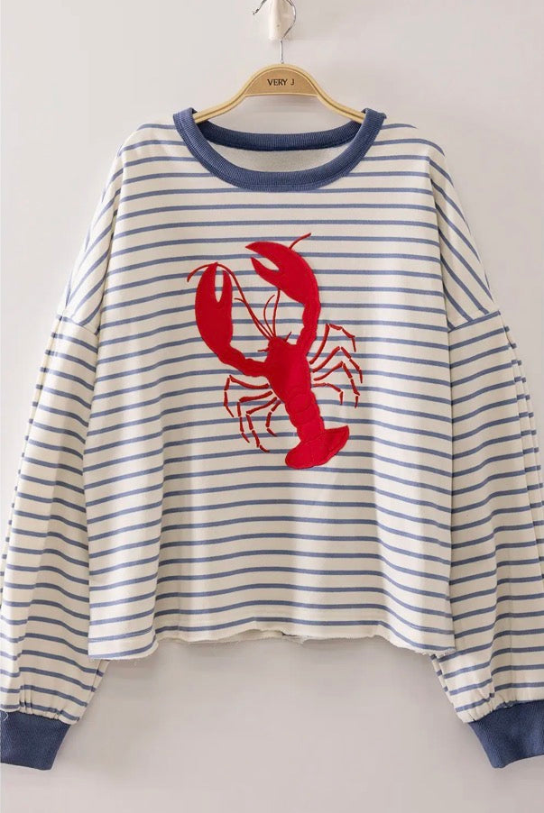 Blue & White Striped Crewneck with Lobster