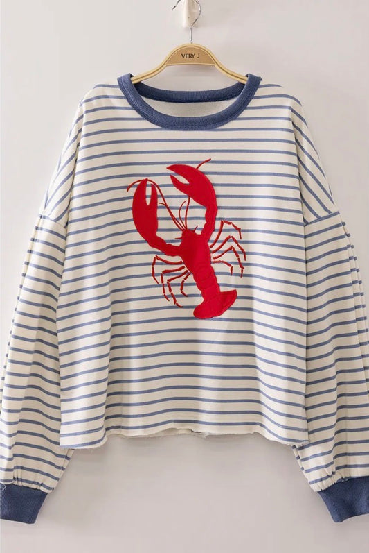 Blue & White Striped Crewneck with Lobster