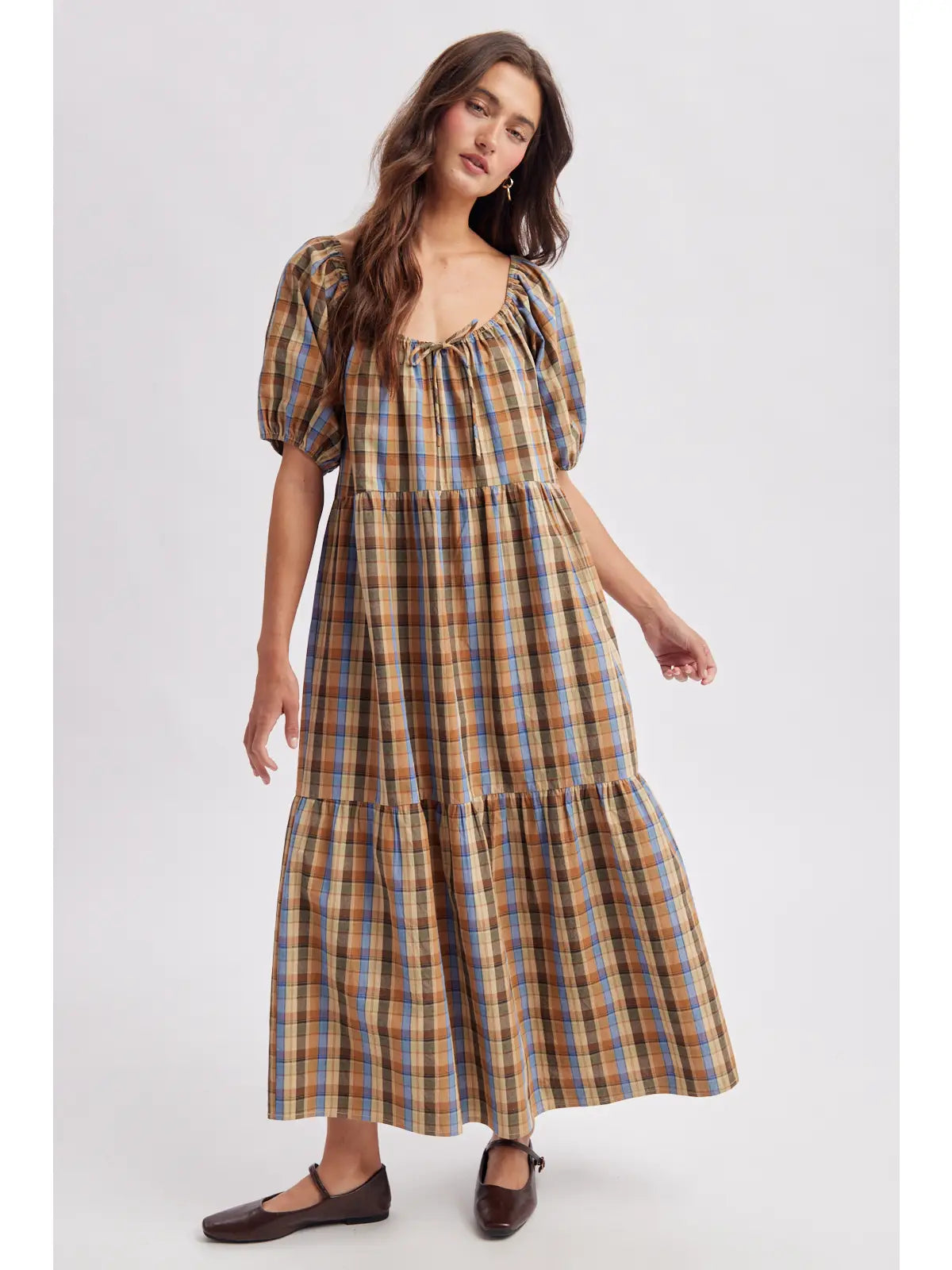Plaid Puff Sleeve Midi Dress