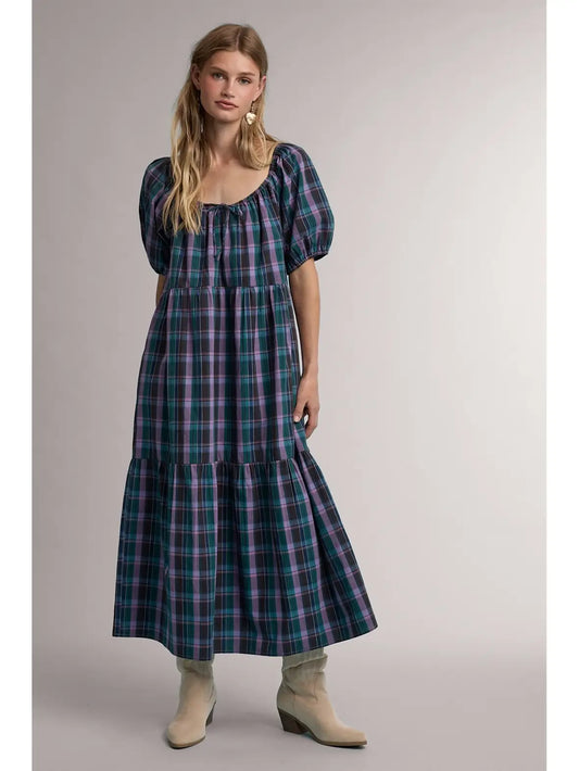 Plaid Puff Sleeve Midi Dress
