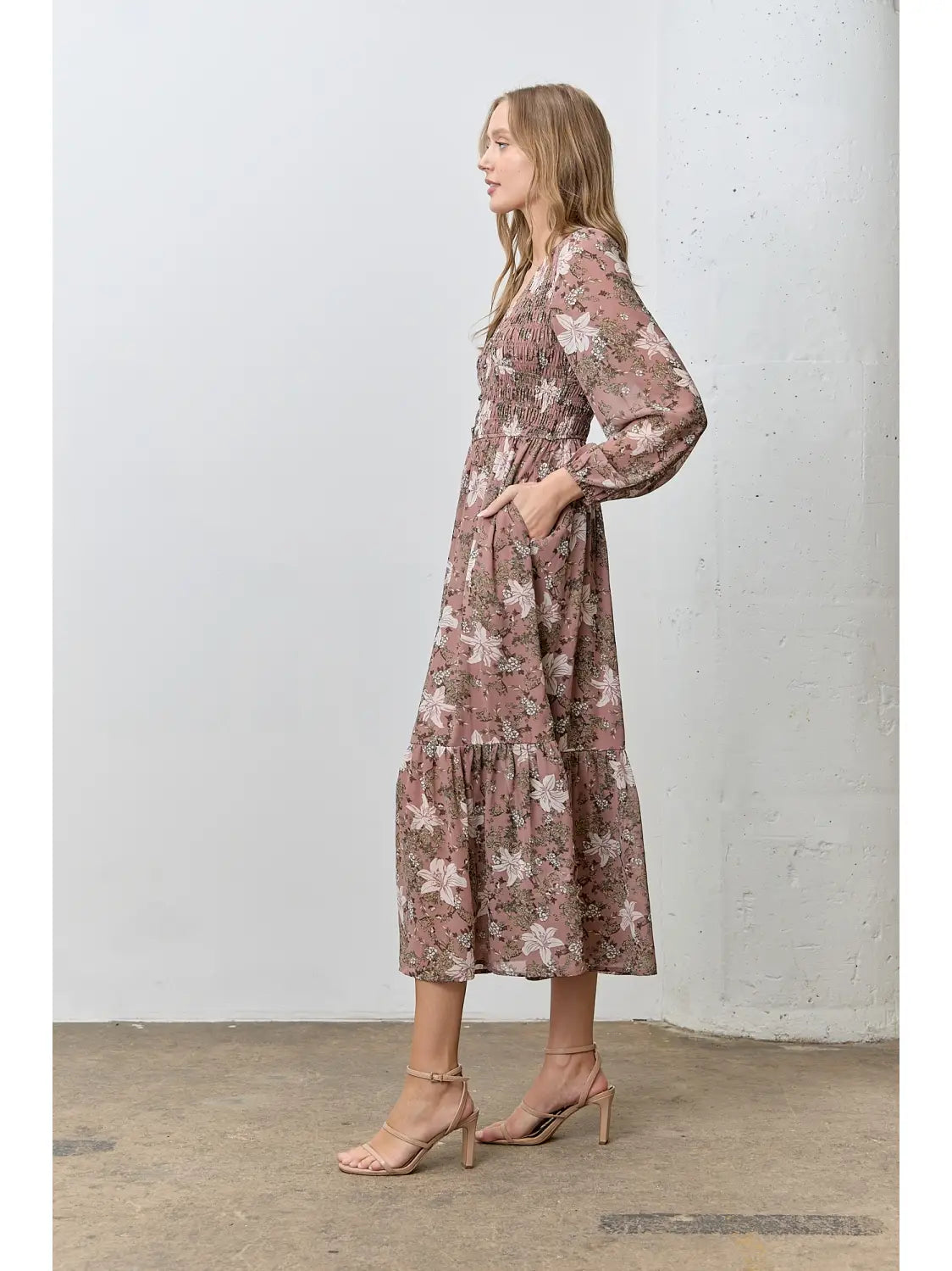 Mauve Floral Long Sleeve Dress