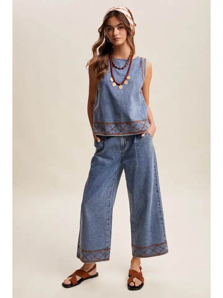 Denim Embroidered Tank & Pants Set