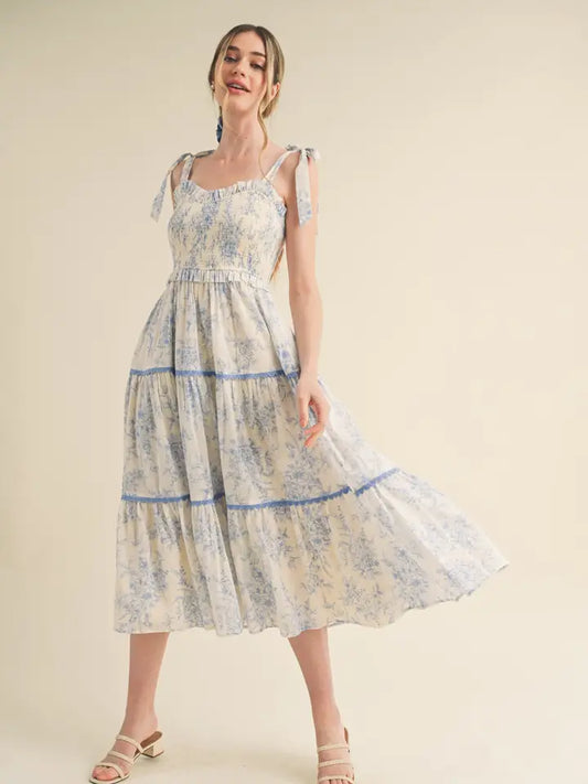 Vintage Print Tiered Lace Midi Dress