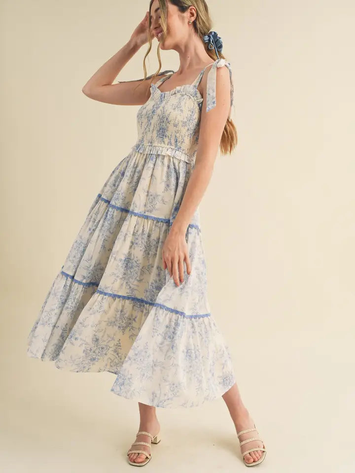 Vintage Print Tiered Lace Midi Dress