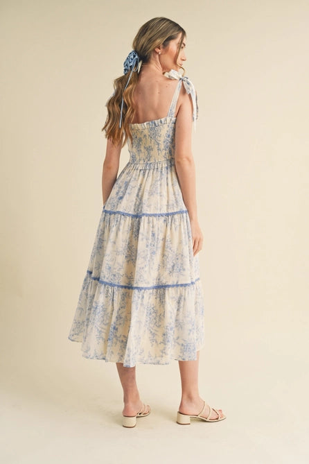 Vintage Print Tiered Lace Midi Dress