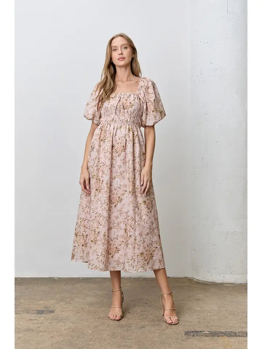 Romantic Floral Midi Dress Beige