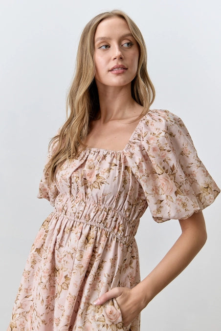 Romantic Floral Midi Dress Beige