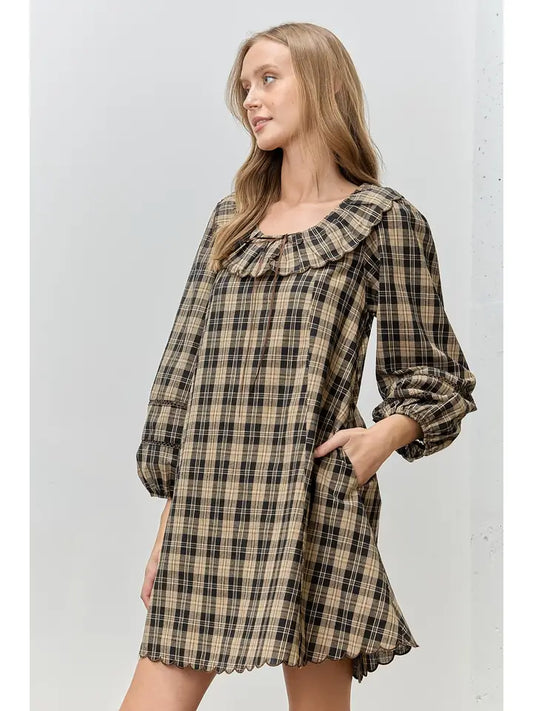 Plaid Ruffle Neck Mini Dress